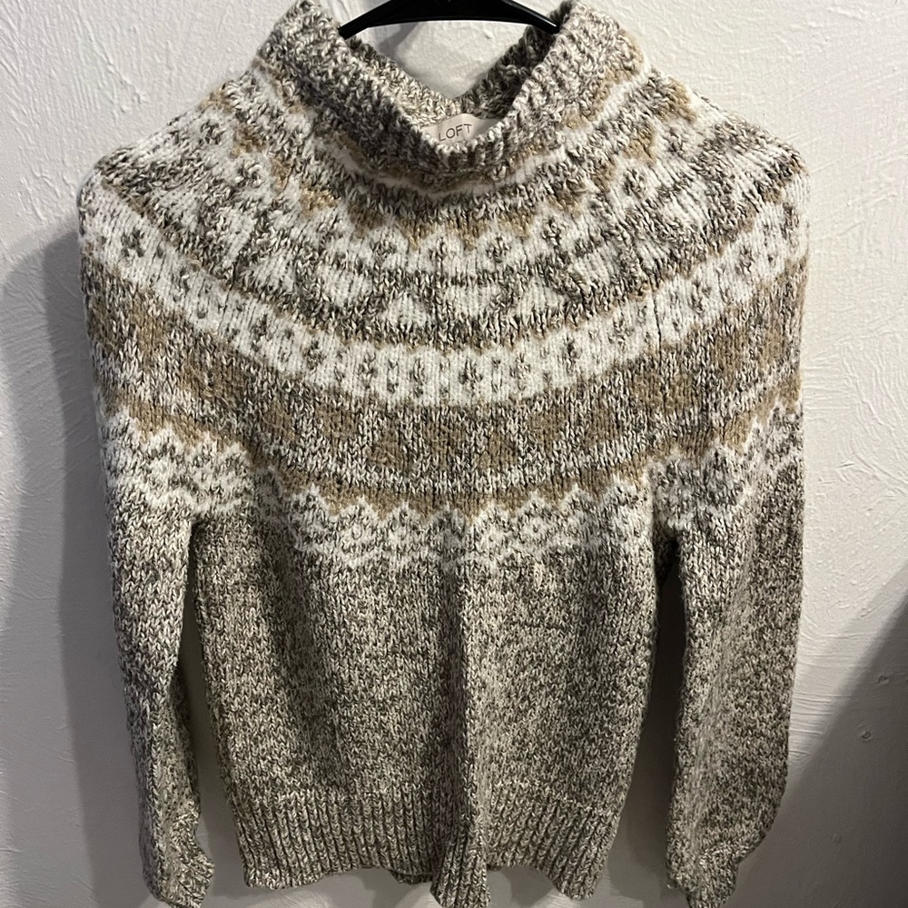 LOFT Gray and Cream Cowl Neck Sweater with Fair Isle Pattern